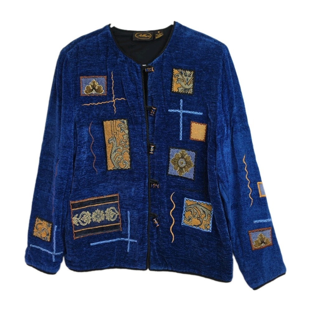 Vintage 90s Allure Cardigan Womens S Blue Embroidered Art to Wear Glass Buttons